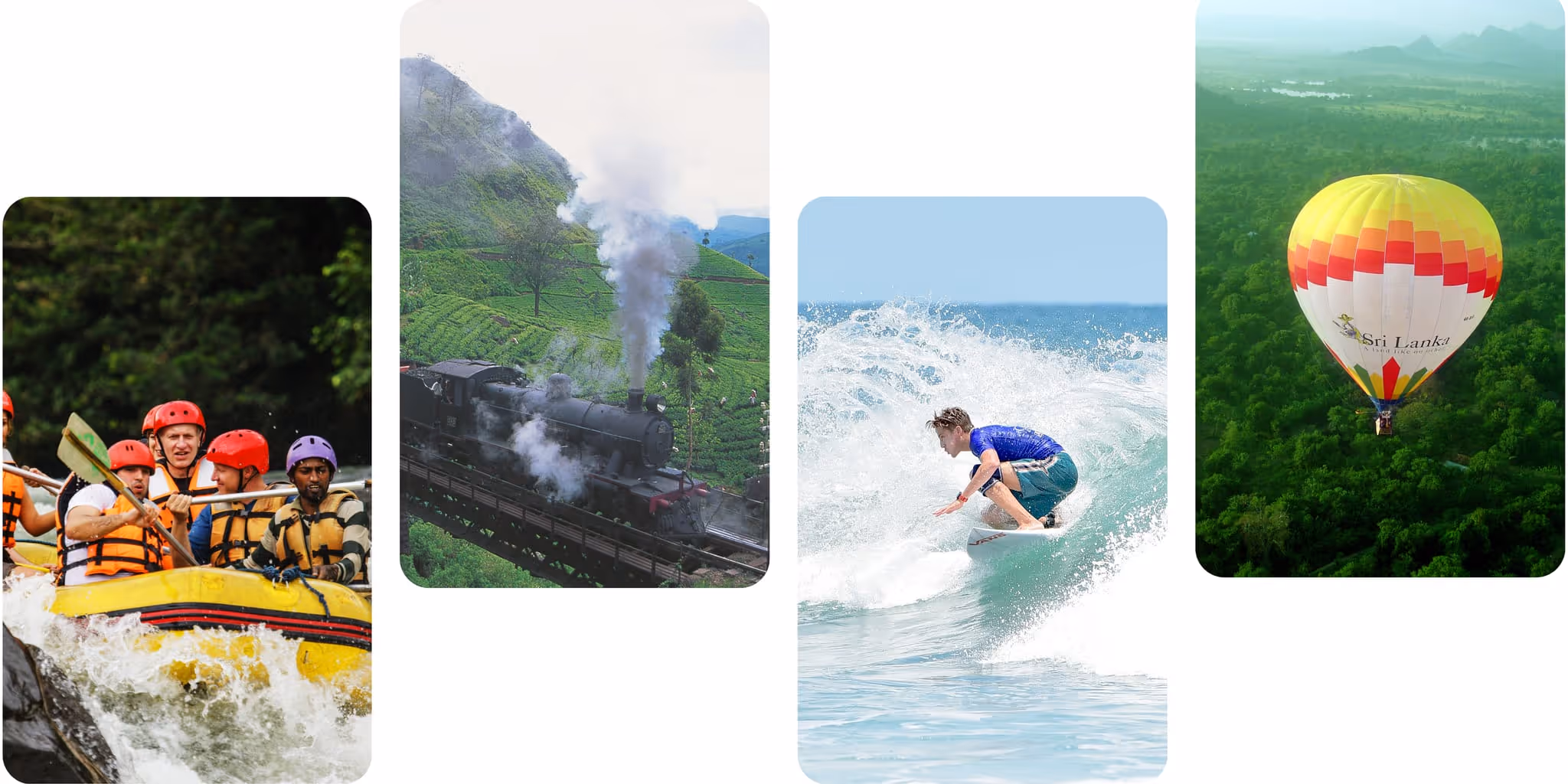 Adventure activities in Sri Lanka including white-water rafting, scenic train journeys, surfing, and hot-air ballooning.