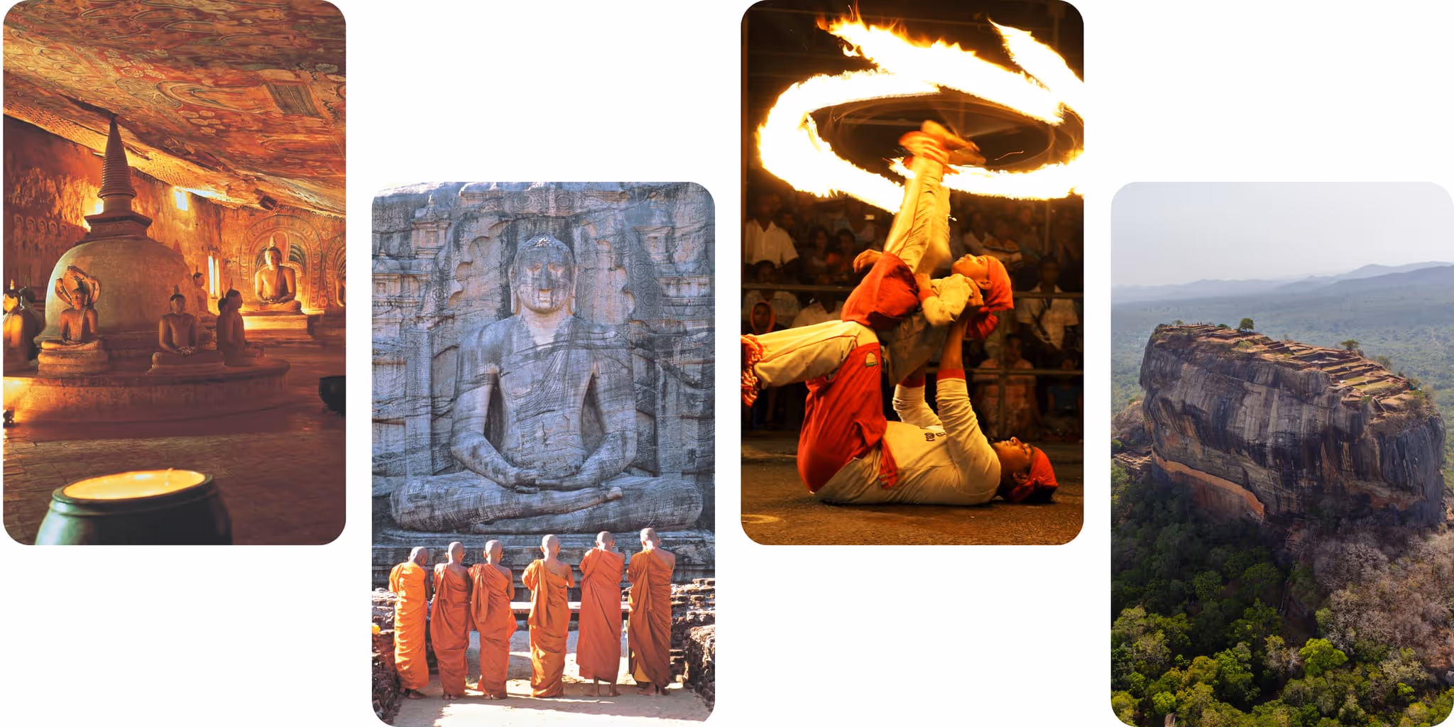 Sri Lanka's cultural heritage featuring Dambulla Cave Temple, Polonnaruwa, Kandyan dance, and Sigiriya Rock Fortress.