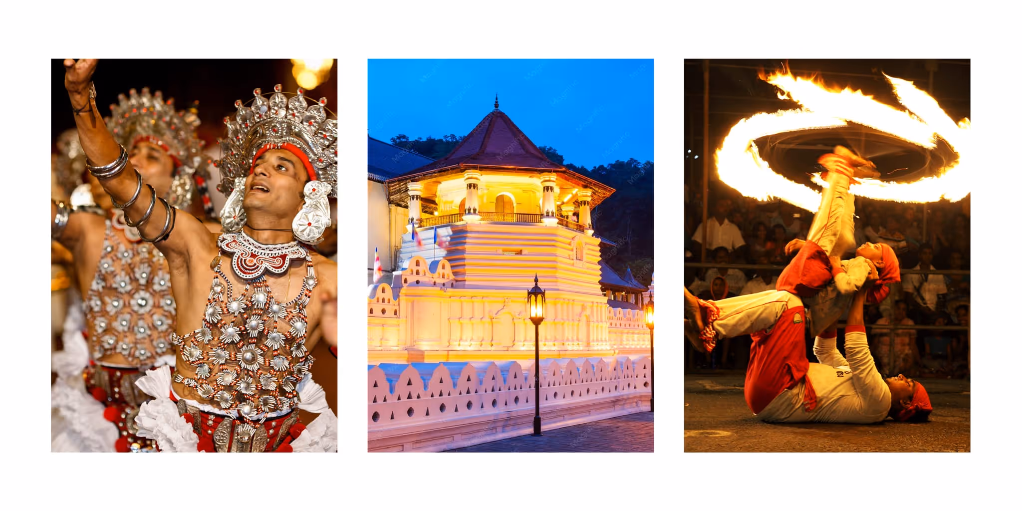 Illustration of Kandy featuring the Temple of the Sacred Tooth Relic, Kandian dancers and Perahera.