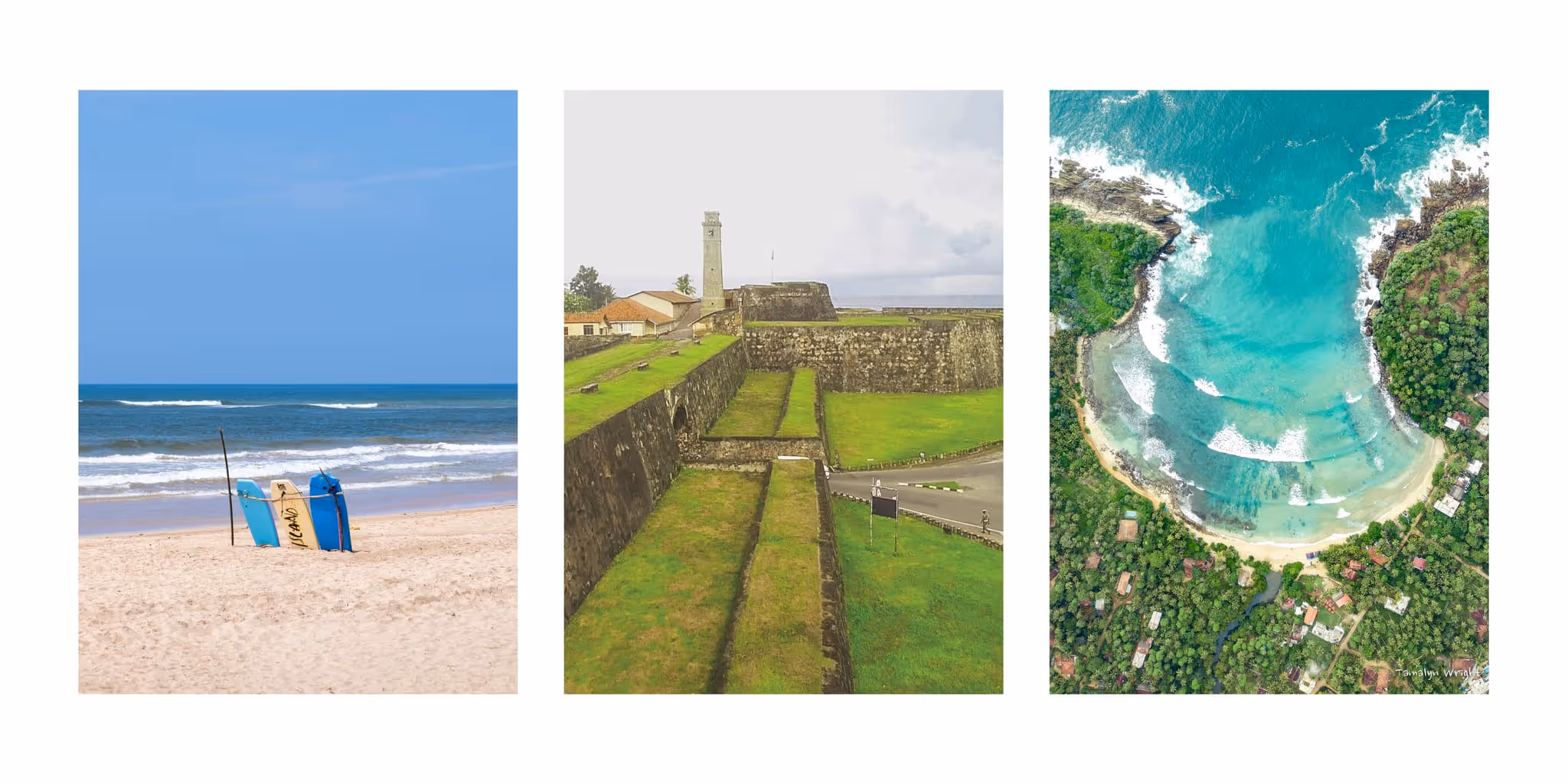 Illustration of Sri Lanka's southern coast featuring Galle Fort, golden beaches, palm trees, and the Indian Ocean.