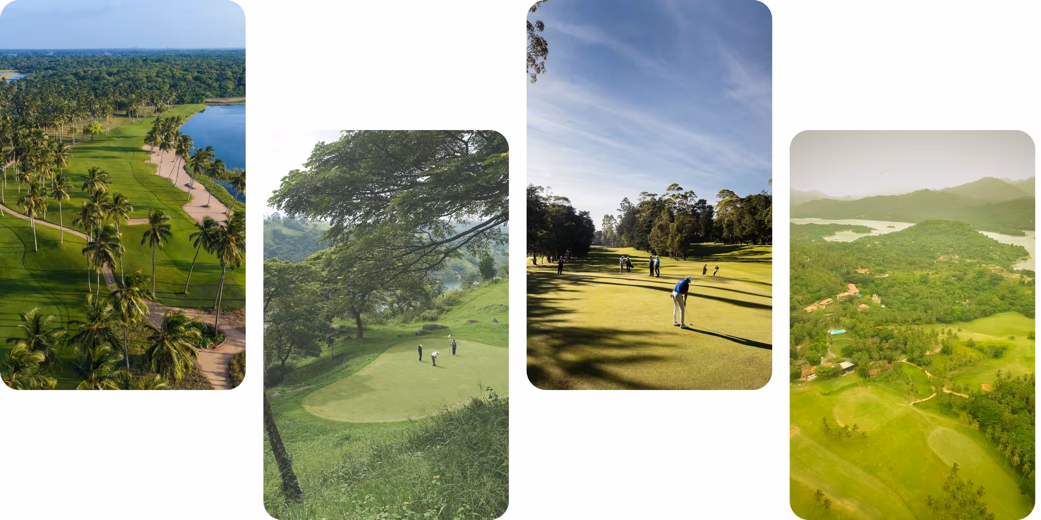 Golf courses across Sri Lanka surrounded by tropical landscapes, mountains, and coastal scenery.