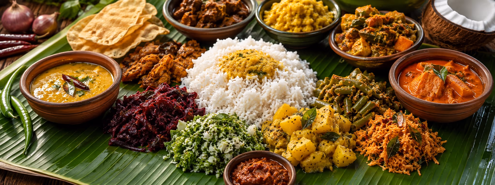 A traditional Sri Lankan rice and curry served with colourful side dishes on a banana leaf