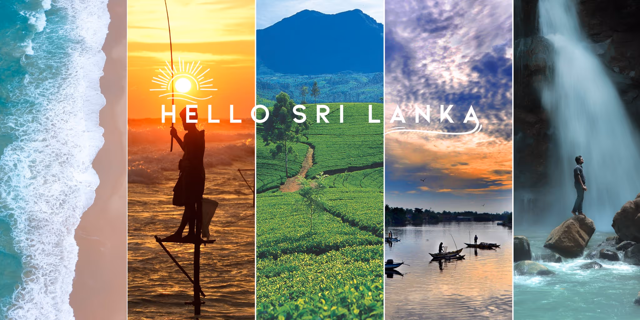 Sri Lanka highlights featuring tropical beaches, stilt fishing, tea plantations, waterways, and waterfalls.