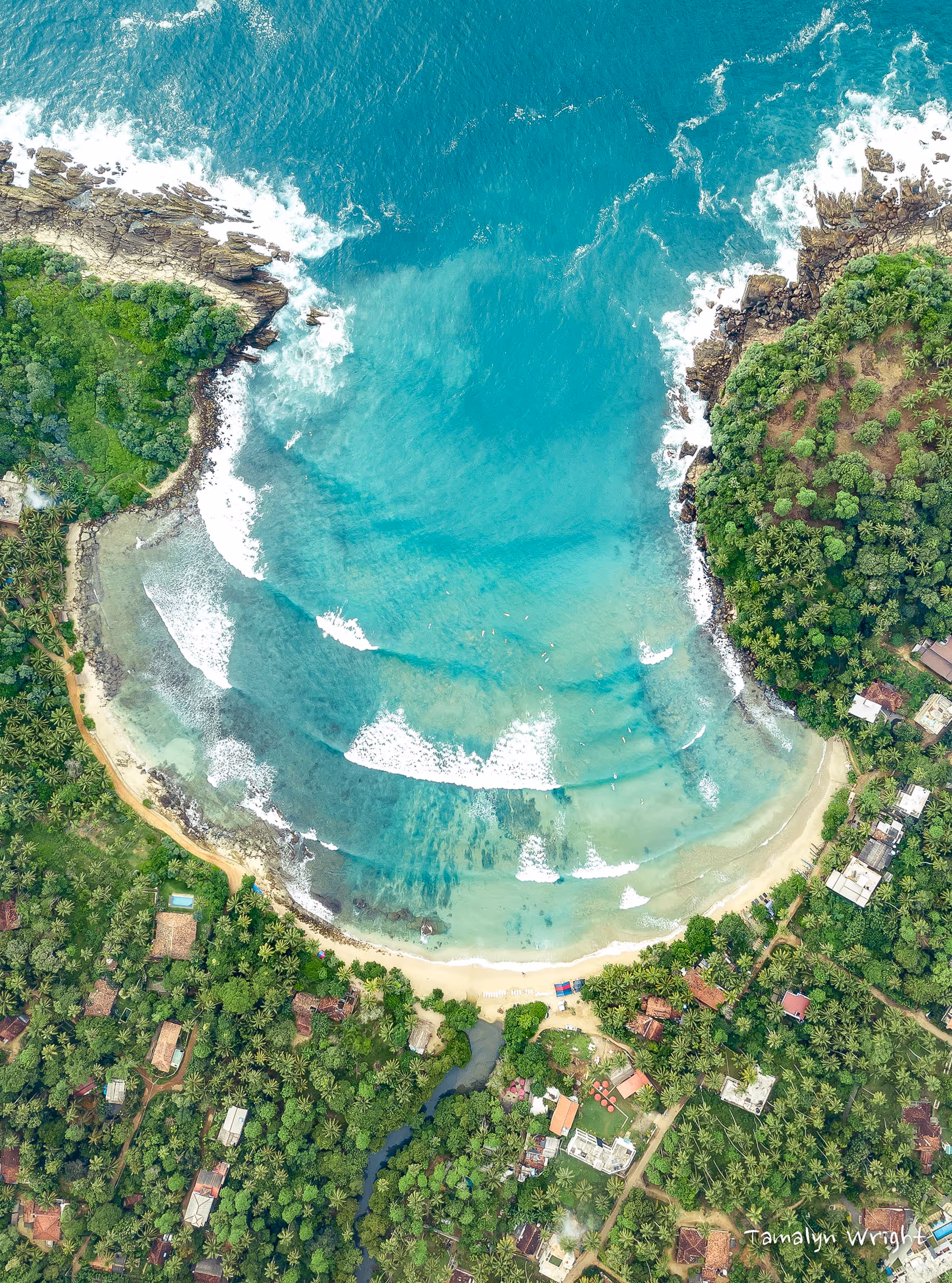 Golden Sri Lankan coastline with palms and turquoise ocean at sunset